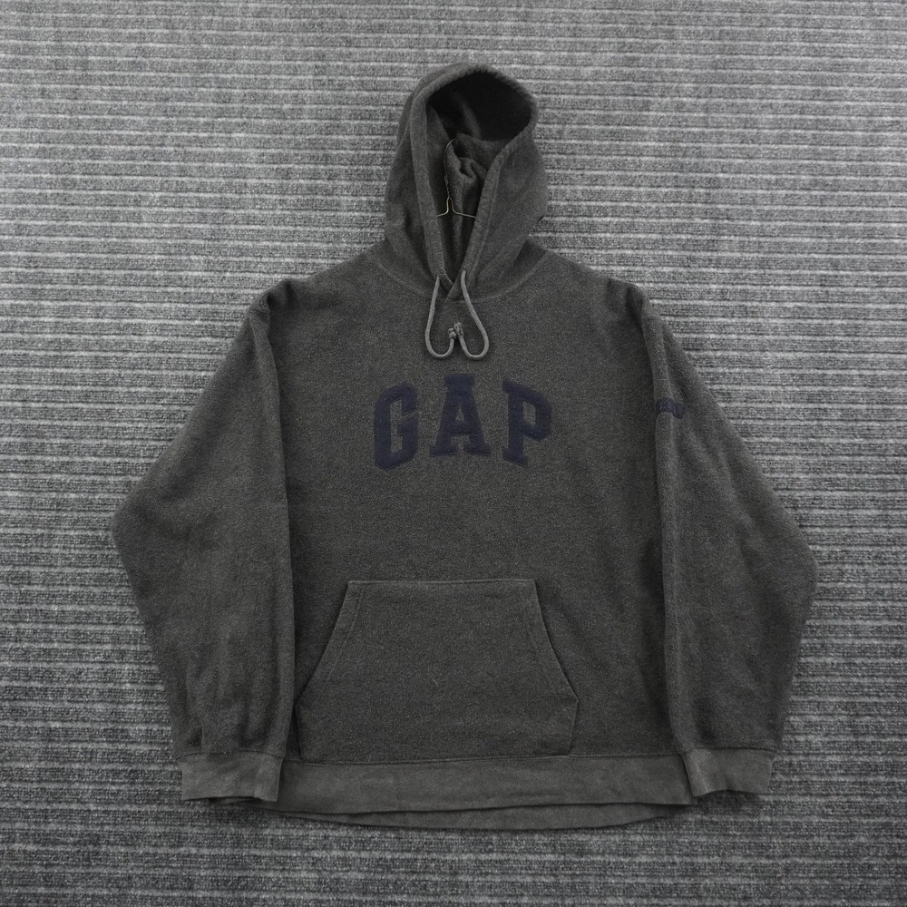 VTG Gap Fleece Hoodie Mens XL Rayon Gray Applique Logo Pullover Kangaroo Pocket